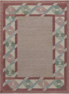 Vintage Swedish Beige Green Pink Flat Weave Rug - 2441967