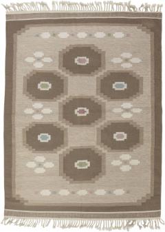 Vintage Swedish Geometric Off White Brown Baby Blue Pink Flat Weave Wool Rug - 2442523