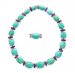 Vintage Turquoise Amethyst and Diamond Ring Earring and Necklace Jewelry Set - 3509870