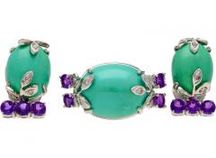 Vintage Turquoise Amethyst and Diamond Ring Earring and Necklace Jewelry Set - 3509872