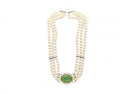 Vintage Victorian Style Cabochon Emerald And 3 Strand Pearl Choker Necklace - 3518951