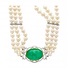 Vintage Victorian Style Cabochon Emerald And 3 Strand Pearl Choker Necklace - 3610273