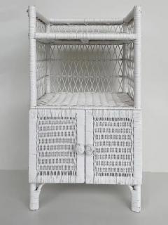 Vintage White painted Coastal Rattan Night Stand or Side Table with Two Doors - 3532841