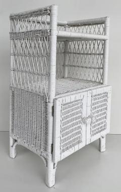 Vintage White painted Coastal Rattan Night Stand or Side Table with Two Doors - 3532849