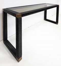 Vintage Wrapped Lacquered Cord Console Table Inset Glass Top Brass Accents - 4402214