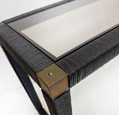 Vintage Wrapped Lacquered Cord Console Table Inset Glass Top Brass Accents - 4402218