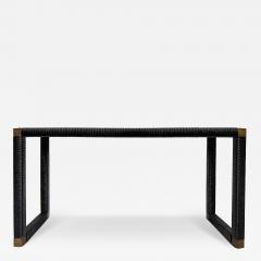 Vintage Wrapped Lacquered Cord Console Table Inset Glass Top Brass Accents - 4402533