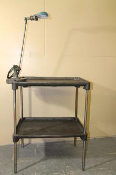 Vintage metal industrial work table with OC white lamp attached - 3390509