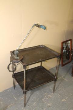 Vintage metal industrial work table with OC white lamp attached - 3390515