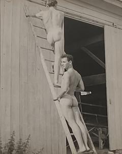 Vintage photograph of two men on a ladder American Circa 1950 - 1509233