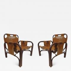 Vittorio Bonacina Pair of Italian Mid Century Modern Rattan and Leather Lounge Chairs by Bonacina - 1627654