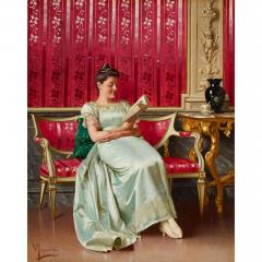 Vittorio Reggianini Antique Italian oil painting of a lady reading by Reggianini - 3997928