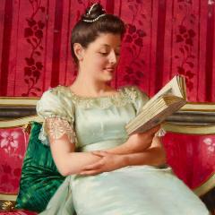 Vittorio Reggianini Antique Italian oil painting of a lady reading by Reggianini - 3997930