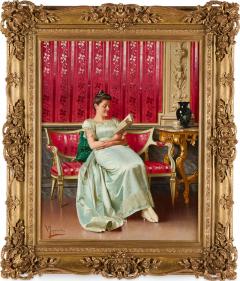 Vittorio Reggianini Antique Italian oil painting of a lady reading by Reggianini - 3998075