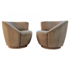 Vladimir Kagan Pair Scroll Corkscrew Light Brown Suede Swivel Lounge Chairs Castors Mid Century - 2968392