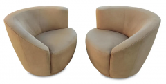 Vladimir Kagan Pair Scroll Corkscrew Light Brown Suede Swivel Lounge Chairs Castors Mid Century - 2968423