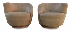 Vladimir Kagan Pair Scroll Corkscrew Light Brown Suede Swivel Lounge Chairs Castors Mid Century - 2968434