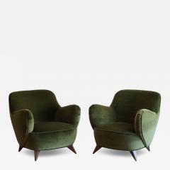 Vladimir Kagan Vladimir Kagan Barrel Lounge Chairs in Olive Green Velvet and Walnut Legs - 4352100