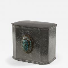 W A Perry an Arts Crafts Hand Hammered Pewter Box with an Oval Turquoise Jewel - 4232786