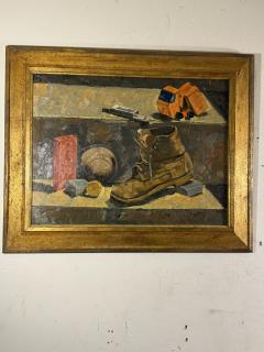 WPA STILL LIFE OF BOYS ASSORTED TOYS BASEBALL BOOT ON MASONITE PAINTING - 4691269
