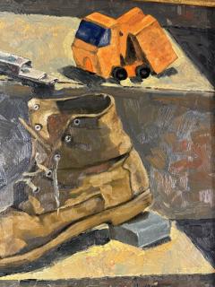 WPA STILL LIFE OF BOYS ASSORTED TOYS BASEBALL BOOT ON MASONITE PAINTING - 4691272