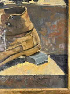 WPA STILL LIFE OF BOYS ASSORTED TOYS BASEBALL BOOT ON MASONITE PAINTING - 4691273
