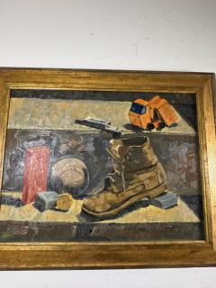 WPA STILL LIFE OF BOYS ASSORTED TOYS BASEBALL BOOT ON MASONITE PAINTING - 4691274