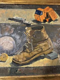 WPA STILL LIFE OF BOYS ASSORTED TOYS BASEBALL BOOT ON MASONITE PAINTING - 4691277