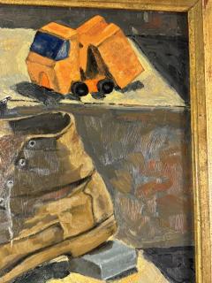 WPA STILL LIFE OF BOYS ASSORTED TOYS BASEBALL BOOT ON MASONITE PAINTING - 4691278