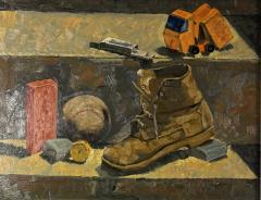 WPA STILL LIFE OF BOYS ASSORTED TOYS BASEBALL BOOT ON MASONITE PAINTING - 4693950