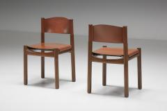 Walnut Leather Dining Chairs In The Style Of Scarpa 1950s - 2152342