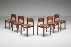 Walnut Leather Dining Chairs In The Style Of Scarpa 1950s - 2152344