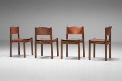 Walnut Leather Dining Chairs In The Style Of Scarpa 1950s - 2152345