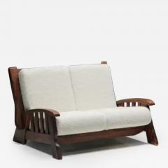 Walnut Rustic Modern Chalet Sofa in Pierre Frey Boucl Switzerland 1960s - 3487680