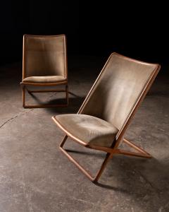 Ward Bennett Early Pair of Ward Bennett Scissor Chairs in Solid Oak with Original Olive Suede - 4308065