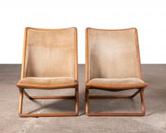 Ward Bennett Early Pair of Ward Bennett Scissor Chairs in Solid Oak with Original Olive Suede - 4308066