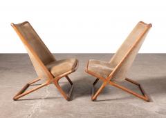 Ward Bennett Early Pair of Ward Bennett Scissor Chairs in Solid Oak with Original Olive Suede - 4308067