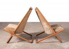 Ward Bennett Early Pair of Ward Bennett Scissor Chairs in Solid Oak with Original Olive Suede - 4308069