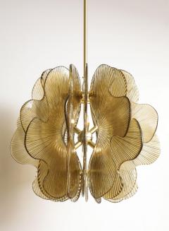 Warm Gold Bronze Murano Glass Flower Scalloped Pendant Chandelier Italy - 3879406