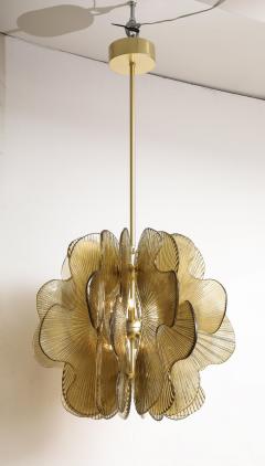 Warm Gold Bronze Murano Glass Flower Scalloped Pendant Chandelier Italy - 3879408