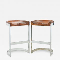 Warren Bacon Pair of Warren Bacon Chrome and Wood Horseshoe Cantilever Bar Stools - 4307290