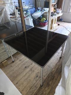 Warren McArthur Corporation Warren McArthur Aluminum 42 Square Black Formica Table c 1938 Glass Top - 4412060