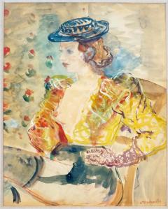 Watercolor by Constantin Terechkovitch Portrait of a Woman in a Hat and Dress  - 4084846