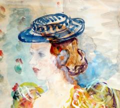 Watercolor by Constantin Terechkovitch Portrait of a Woman in a Hat and Dress  - 4084851