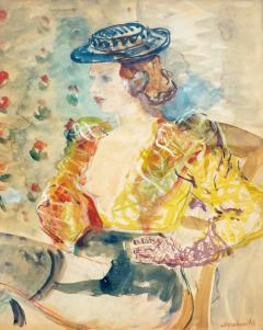 Watercolor by Constantin Terechkovitch Portrait of a Woman in a Hat and Dress  - 4085343