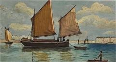 Watercolor of Boats in Harbor Italy circa 1900 - 4504072
