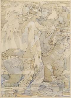 Watercolor of Goddess and Companion with Horse circa 1975 - 2962768