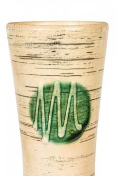 West German Mid Century Thin Black Stripe and Green Circle Pattern Beige Ceramic - 4672711
