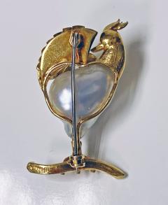 Whimsical 18K Gold Pearl Diamond Ruby Peacock Brooch - 1578291