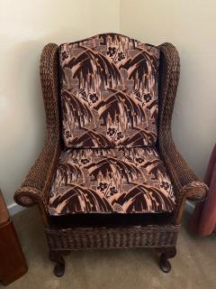 Wicker High Back Art Deco Chair and Stool with Original Fabric - 1600988